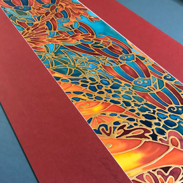 Vibrant Tropical Fish Coral Reef Original Silk Painting - Bold Red Orange Gold Hand-Painted Silk Art