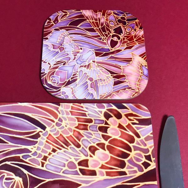 Moths Placemats & Coasters - Chocolate Lilac Grey Table Mats - glass chopping boards