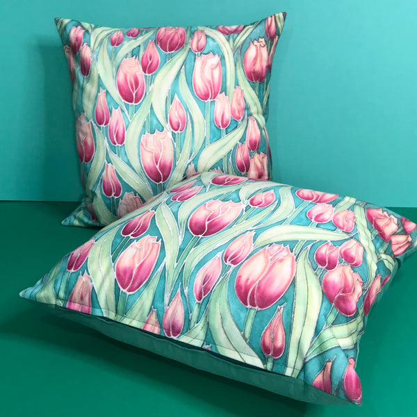 Pink Tulips cushion - printed onto suedette fabric - pink and mint green colours