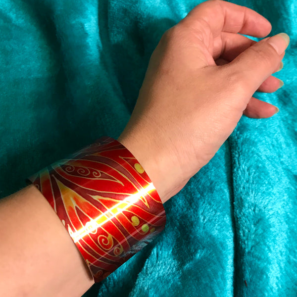 Red Yellow Cuff Bracelet - Swirl Comtemporary Bracelet - easy wear lightweight aluminium.