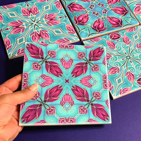 Pink Magnolias Kaleidoscope Mixed Set of Bathroom Tiles - Bright Bohemian Kitchen Tiles