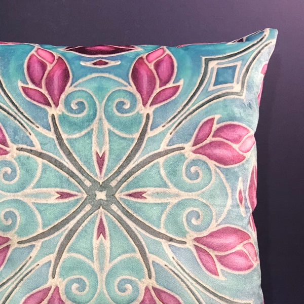Folk Art Sky Blue and  Pink Magnolias Luxury Velvet Cushions, High Quality Decor Throw Pillows
