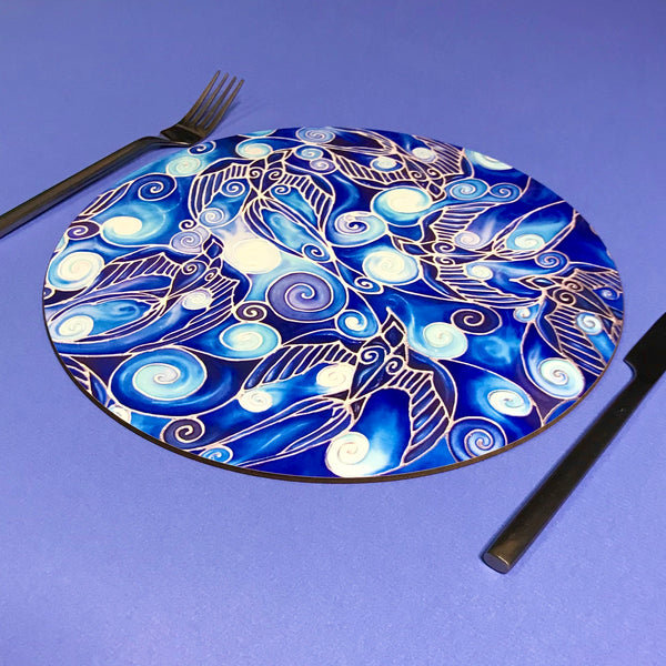 Table Mats Cobolt Blue -  Blue Swallows Place Mats - Blue Glass Chopping Boards -Swallows Coasters