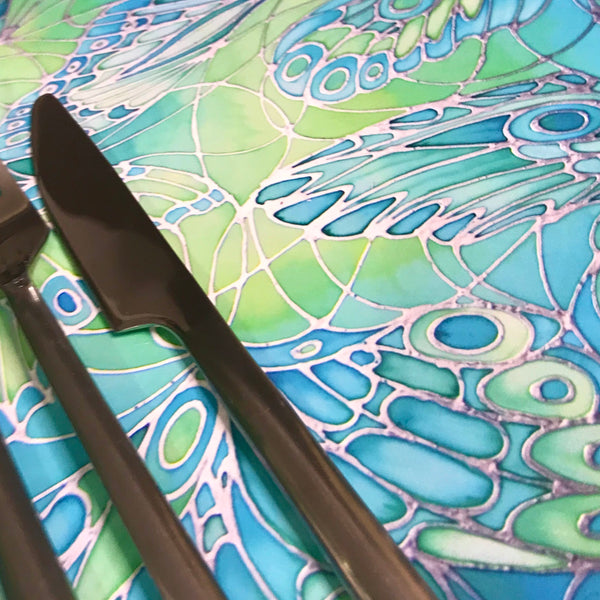 Green Tableware - Lime Green Placemats - Green Coasters - Green Glass Chopping boards - Green Glass Counter Savers - Green Glass Serving Platters - Butterfly Wings  - Green melamine serving tray - Green table mats - Durable hardwearing table mats - Meikie designs Sea Green Table Mats, Place Settings, Coasters, Mugs, Chopping Boards, Trivets, Round Table Mats, Mouse Mats. Emerald Aqua Teal Lime Turquoise. Round Table Mats. rectangular place mats.