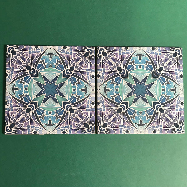 Nouveau Aqua Lilac Charcoal Butterfly Bathroom Tile - Bohemian Kitchen Tiles - Butterfly Kaleidoscope Repeat Decorative Tiles