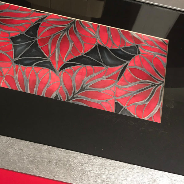 Red Black Silver Tropical Leaves Original Silk Painting - Hand-Painted Silk Art - Dramatic red black silver Art
