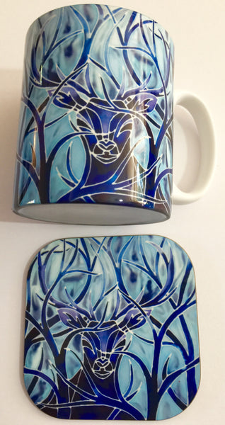 Stag Mug and Coaster box set or mug only - Blue Mug Set - Wild Stag Mug Gift - Woodland Lovers gift
