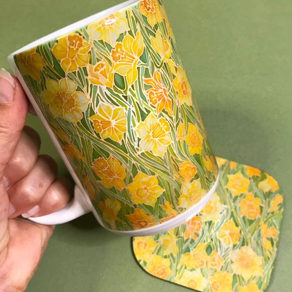 Extra Large Daffodils Mug. Yellow Green mugs in BIG & standard sizes.  mug & coaster box set. nature lovers gift set. Gardeners gift. flower lovers gift. gift for him. gift for teacher. gift for her. tea coffee lovers gift.