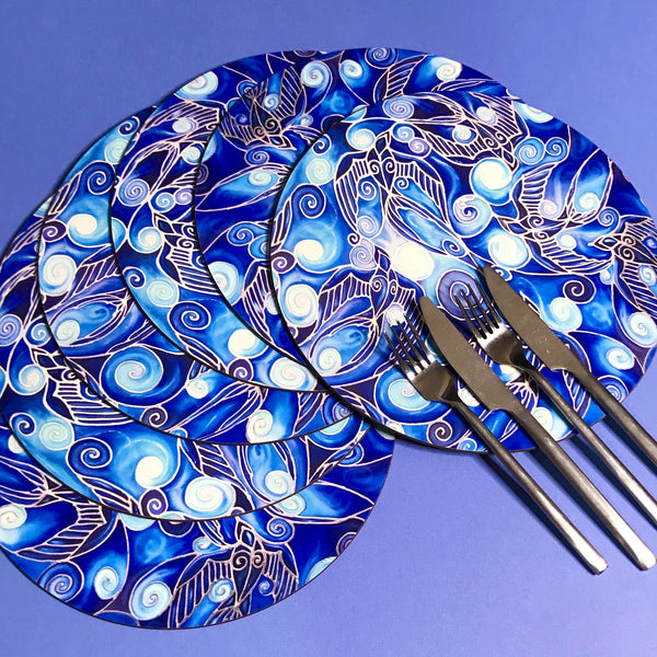 Table Mats Cobolt Blue -  Blue Swallows Place Mats - Blue Glass Chopping Boards -Swallows Coasters