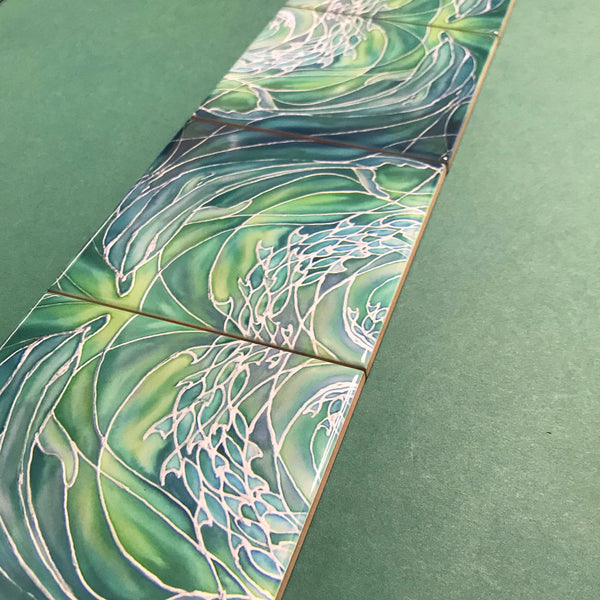Sea Green Dolphins Small 4.25” Square Tiles -  Green Ceramic Bathroom Kitchen Hand Printed Tiles