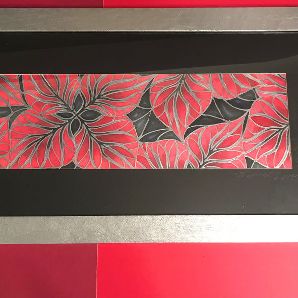 Red Black Silver Tropical Leaves Original Silk Painting - Hand-Painted Silk Art - Dramatic red black silver Art