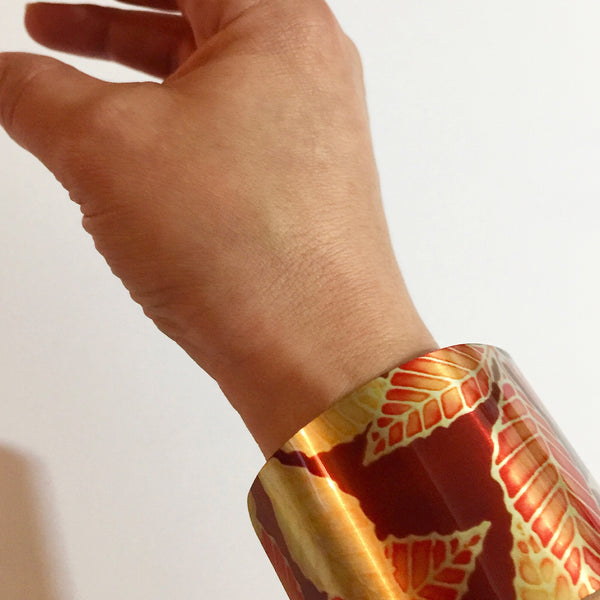 Red Yellow Cuff Bracelet - Swirl Comtemporary Bracelet - easy wear lightweight aluminium.