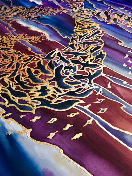 Sunset Murmuration Painting - Swooping Birds hand painted silk  - Blue Purple Red Sunset Original Art