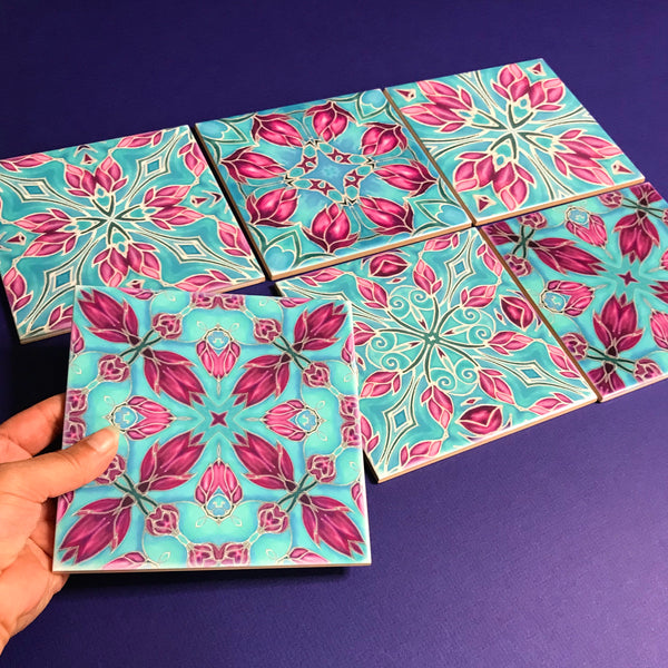 Pink Magnolias Kaleidoscope Mixed Set of Bathroom Tiles - Bright Bohemian Kitchen Tiles