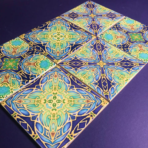 Italian Style Flowers Mixed Tiles Set - Blue Green Gold Tiles - Beautiful Bohemian Tiles