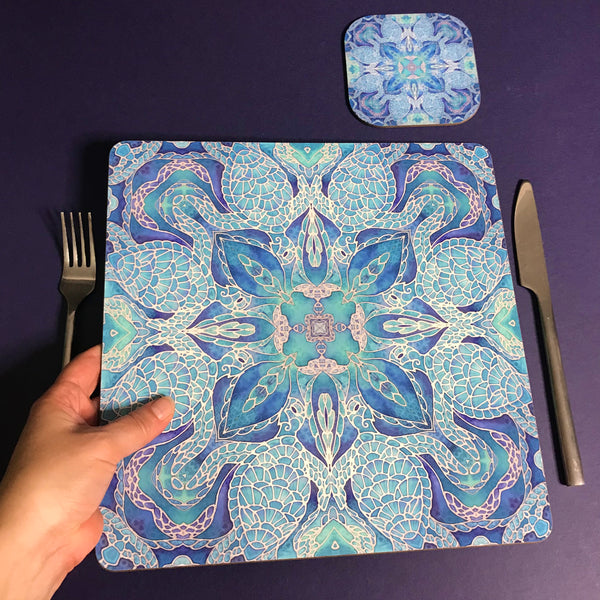 Blue Turtle Mandala Square Mats & Coasters - Sea Life Table Mats