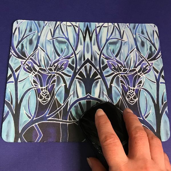 Blue Stag mouse mat in blue and aqua -gift for woodland, forest, tree and wildlife lovers.