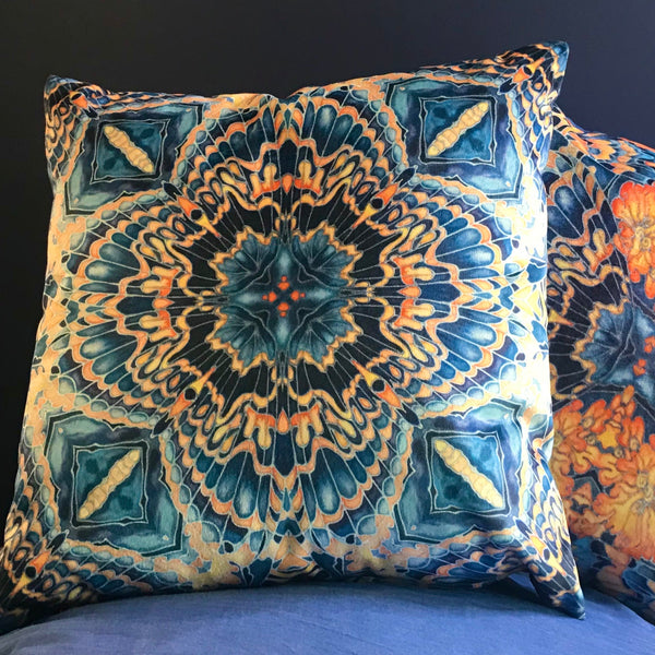 Contemporary Grey Blue Orange Velvet Cushions - Dramatic Moth Kaleidoscope Design Luxury Velvet Cushions