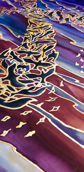 Sunset Murmuration Painting - Swooping Birds hand painted silk  - Blue Purple Red Sunset Original Art