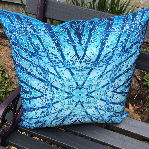 Blue Teal Mint Kaleidoscope Trees Showerproof Cushion - Showerproof Garden Cushions - Blue green turquoise Cushion