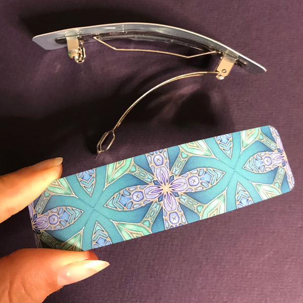 Aqua Green and Lilac Flower Hair Barrette - Arts and Crafts Style Hair Clip