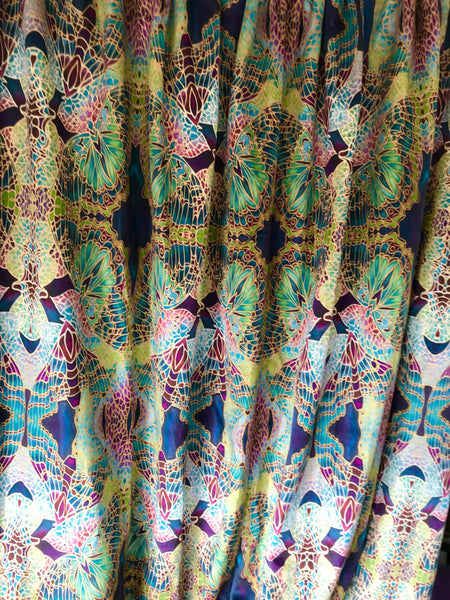 Teal Green Red Lime Gold 'Butterfly Bauble' Designer 100% Cotton Satin fabric for curtains, upholstery and soft furnishings