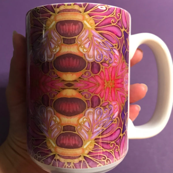 Plum Gold Bees Extra Large Mug and Coaster - Blue Turquoise Mug Set - Mug Gift