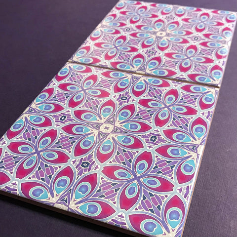 Lavender Plum Eye of the Peacock Feather Tiles - Blue Lilac Tiles  - Bohemian Nouveau Ceramic Hand Printed Tiles