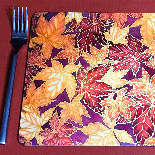 Terracotta Leaves Placemats & Coasters - Caramel Table Mats  - Heatproof glass chopping boards