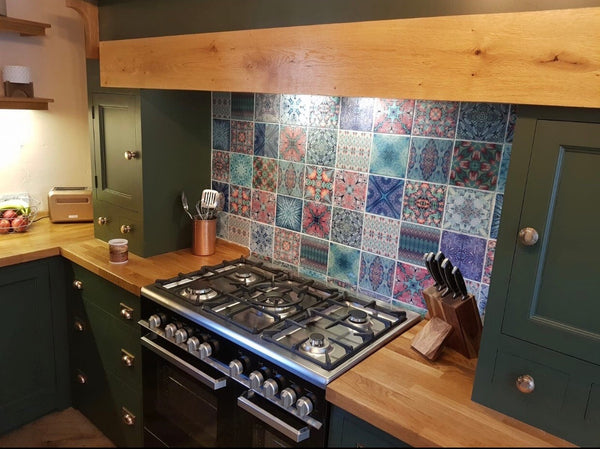 Cool Bohemian Mixed Set of 50 Ceramic Tiles - Blue Green Purple Turquoise Bright Bohemian Kitchen Tiles