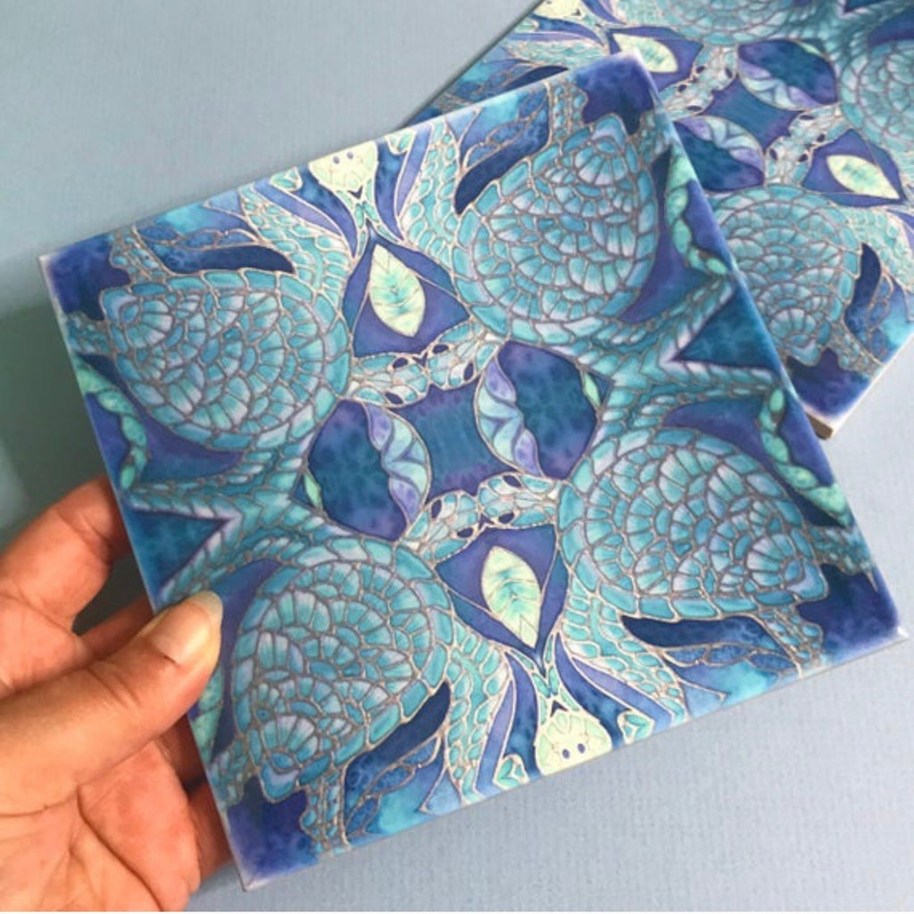 Four Dancing Turtles Blue Ceramic Tiles -  Ceramic Hand Printed Tiles