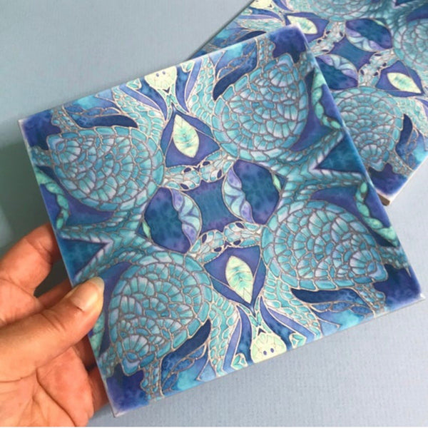 Four Dancing Turtles Blue Ceramic Tiles -  Ceramic Hand Printed Tiles