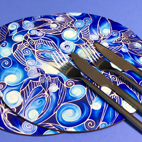 Table Mats Cobolt Blue -  Blue Swallows Place Mats - Blue Glass Chopping Boards -Swallows Coasters
