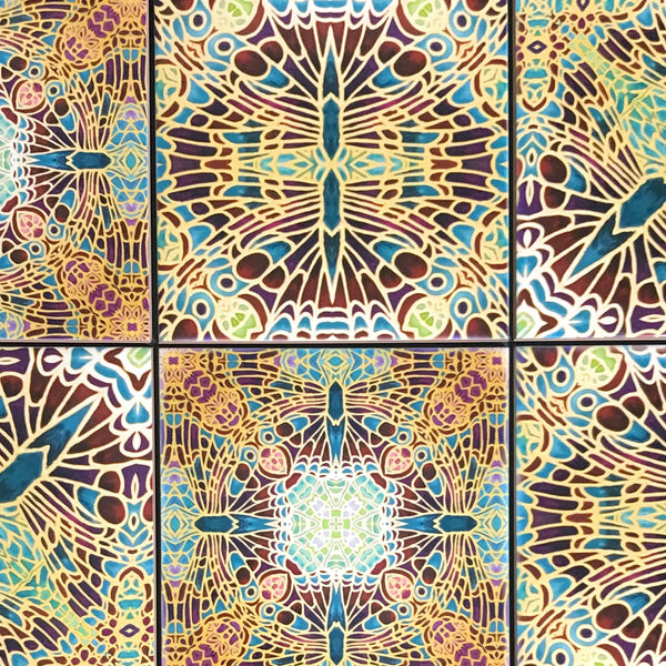 Intricate Butterfly Mixed Tiles Set - Burgundy Green Gold Tiles - Beautiful Bohemian Tiles