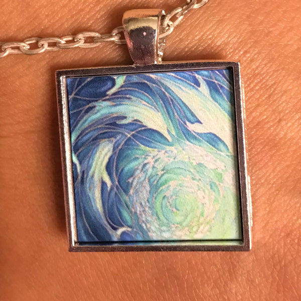 Blue Aqua Dolphins Necklace - Square Dolphin Pendant - Affordable gift