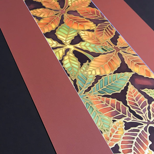 Warm Autumnal Beech Leaves Original Silk Painting - Terracotta rust green yellow gold Hand-Painted Silk Art -