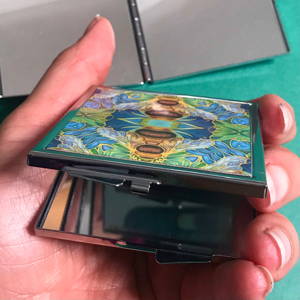 Blue Green Gold Bumble Bee Pocket Mirror - Pretty Handbag Mirror - Gift for Her