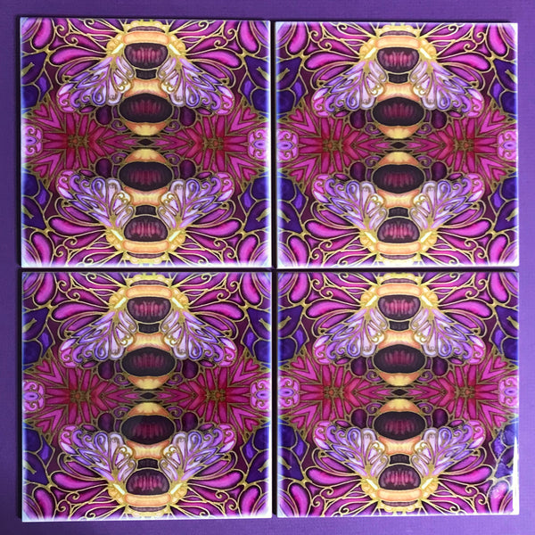 Plum gold square 6x6” bee tiles. Honey bee bathroom tiles. Bumble bee kitchen tiles. bathroom remodel. kitchen makeover. Hand printed by Meikie