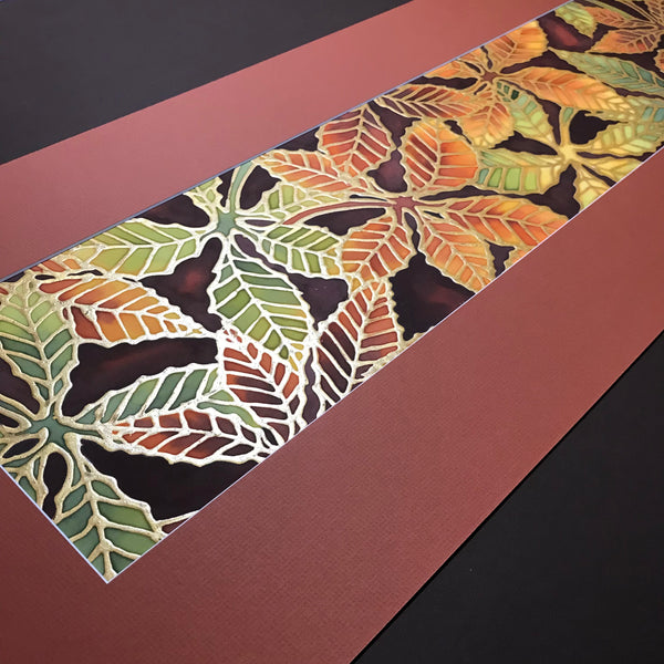 Warm Autumnal Beech Leaves Original Silk Painting - Terracotta rust green yellow gold Hand-Painted Silk Art -