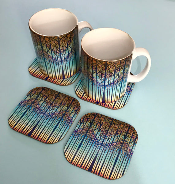 Table mats, Cathedral Trees Coloyrful sunset high quality placemats, coasters, dishwasher and microwave safe mugs in regular and xl sizes, glass chopping boards, counter saver, platters, mouse mats, square table mats, rectangular table mats, round table mats. Set the table. Come to dinner. Home dining.