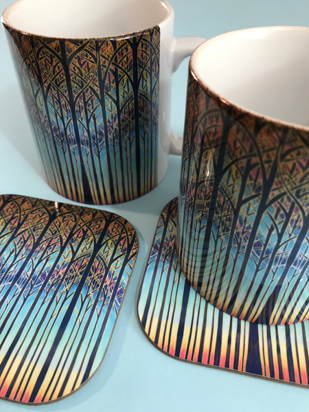 Table mats, Cathedral Trees Coloyrful sunset high quality placemats, coasters, dishwasher and microwave safe mugs in regular and xl sizes, glass chopping boards, counter saver, platters, mouse mats, square table mats, rectangular table mats, round table mats. Set the table. Come to dinner. Home dining.