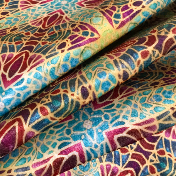 Teal Green Red Lime Gold 'Star Butterfly' Designer 100% Cotton Satin fabric for curtains, upholstery and soft furnishings