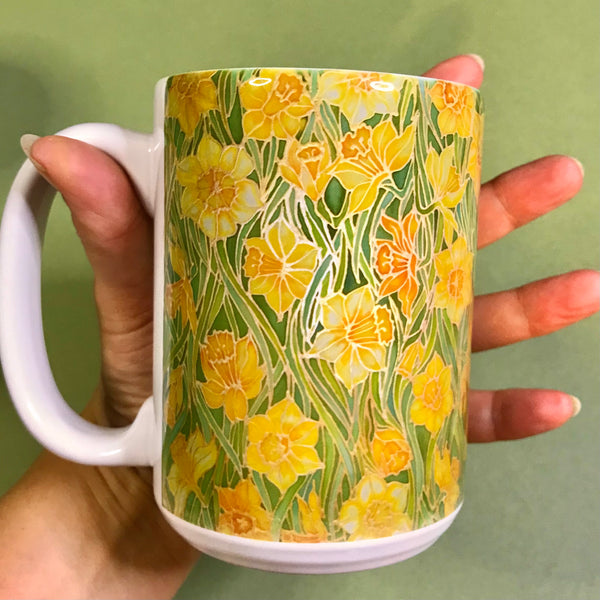 Extra Large Daffodils Mug. Yellow Green mugs in BIG & standard sizes.  mug & coaster box set. nature lovers gift set. Gardeners gift. flower lovers gift. gift for him. gift for teacher. gift for her. tea coffee lovers gift.