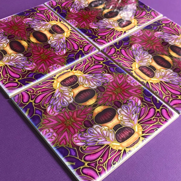 Plum gold square 6x6” bee tiles. Honey bee bathroom tiles. Bumble bee kitchen tiles. bathroom remodel. kitchen makeover. Hand printed by Meikie
