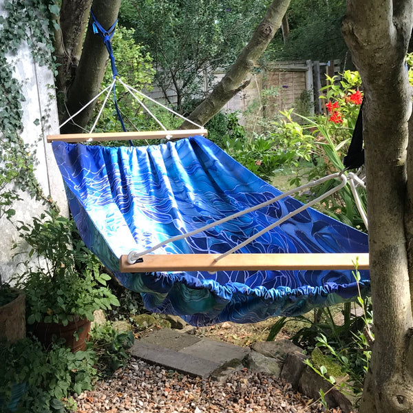 Gorgeous Blue Green Reversible Hammock - featuring Blue Shoal on one side and Dragonflies on the reverse.