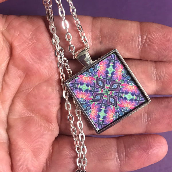 Pink Purple Iris Kaleidoscope Necklace - Square Tile Pendant - Affordable gift