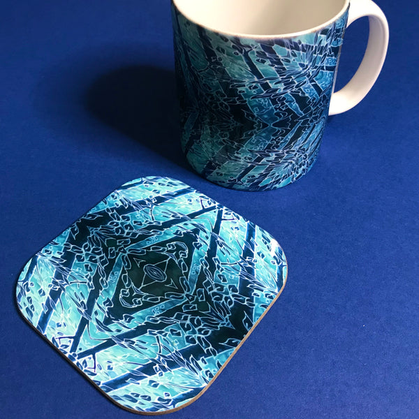 Blue Diamond Forest Mug and Coaster Box Set -  Blue Teal Turquoise Mug