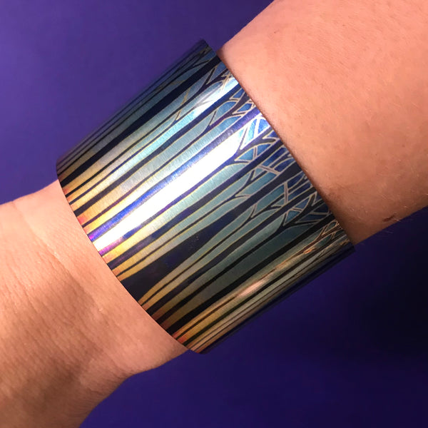 Cathedral Tree Stripes Bracelet in rich stained glass sunset colours- easy wear lightweight aluminium.