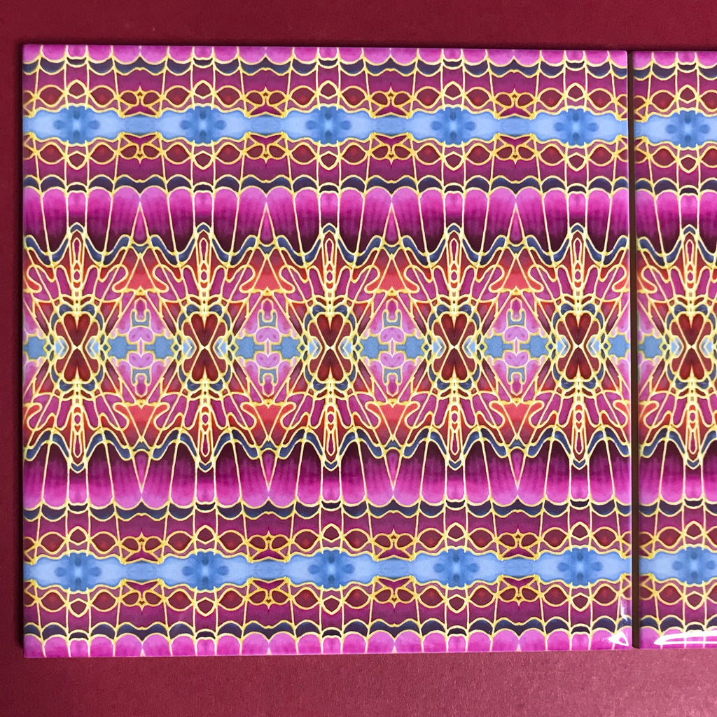 Carnival Magenta Bathroom Tiles - Bohemian Pink Red Blue and Gold  Kitchen Tiles - Orchid Repeat Decorative Tiles