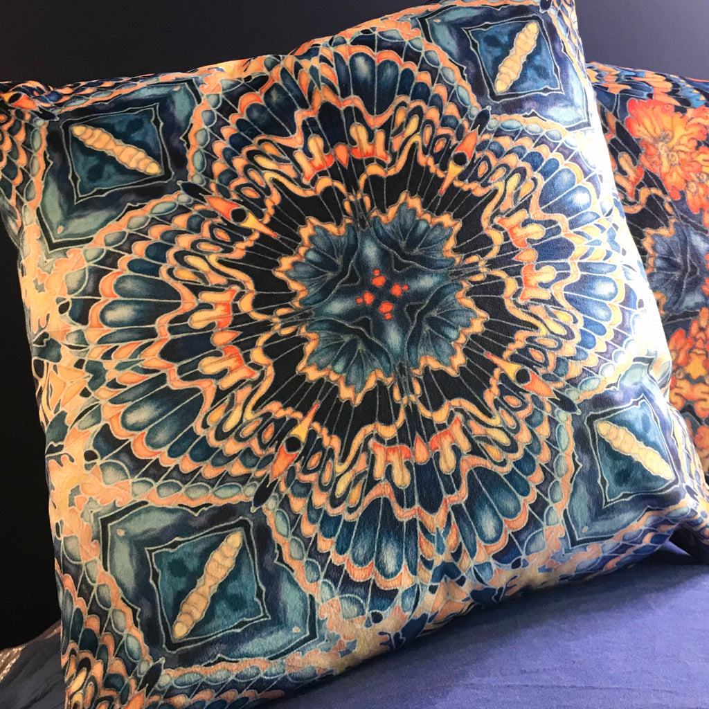 Contemporary Grey Blue Orange Velvet Cushions - Dramatic Moth Kaleidoscope Design Luxury Velvet Cushions